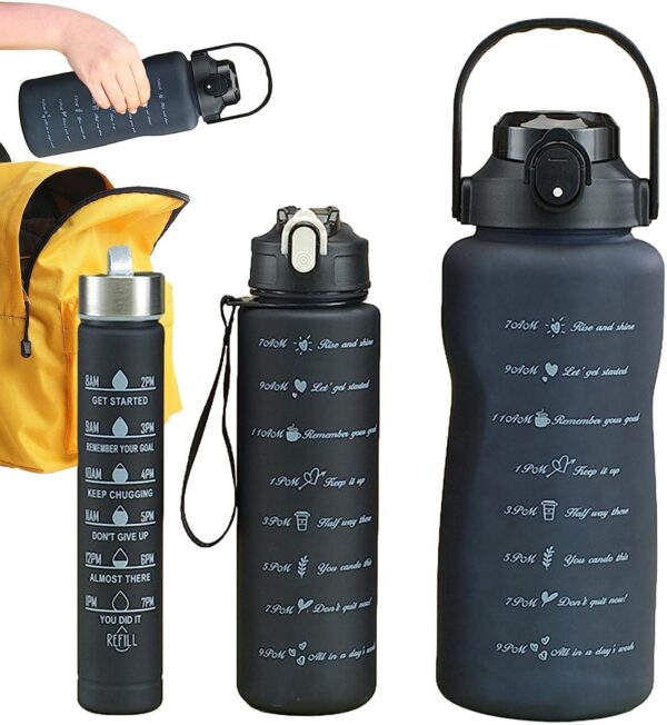 Motivational Water Bottle with Time Marking | 3-Piece Cool Water Bottles with Fitness and Outdoor